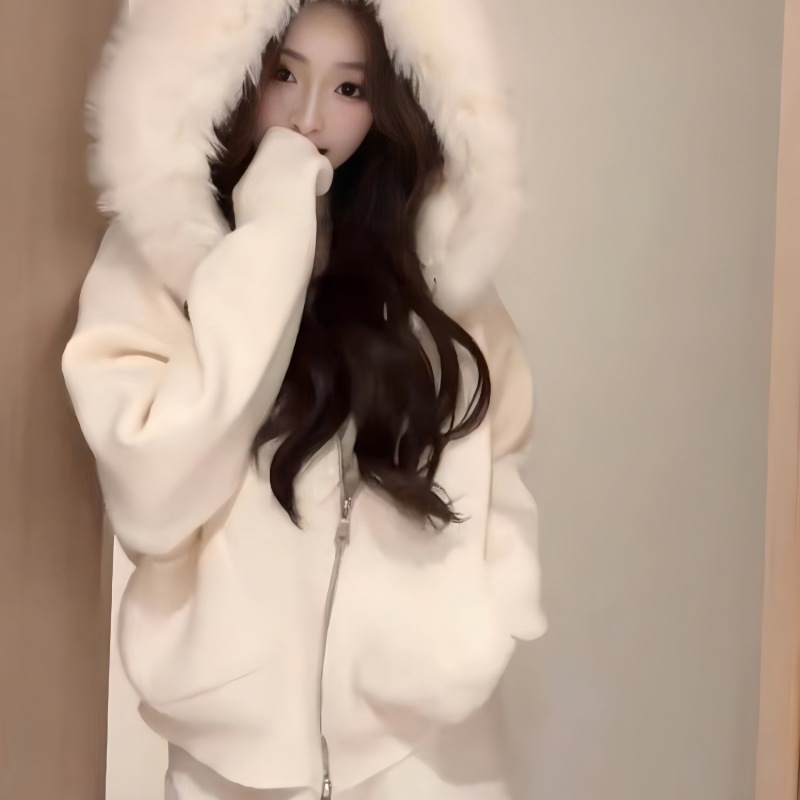 Korean Style Fur Collar Hooded Sweater Coat Women's Winter Fashion Loose All-match Long-sleeved Zipper Knitted Cardigan Short Top