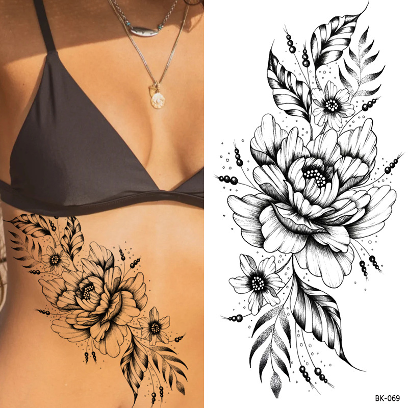 Picture of Cross-Border Supply of Sketch Flower Tattoo Stickers, Sketch Tattoo Stickers, Rose Flower Black and White Flower Tattoo