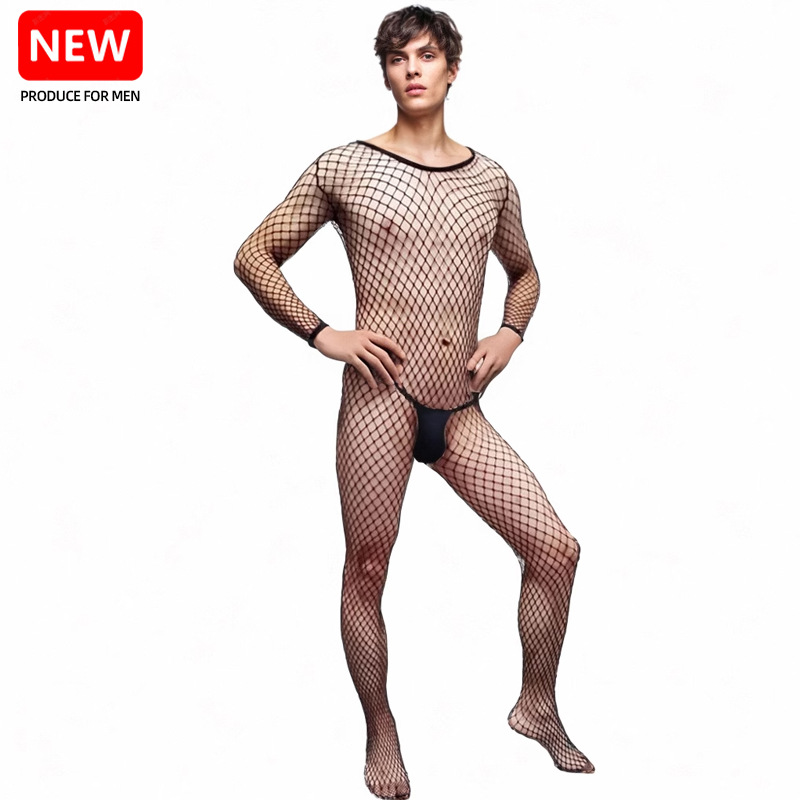 Men's mesh socks hollow open one-piece stockings mesh jumpsuit men's one-piece socks long sleeve mid-net full wrap