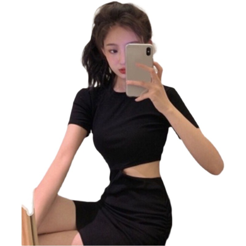 2025 Summer Korean Style Careful Hollow High Waist Dress Women's Tight Sexy Nightclub Slimming Arm-Wrapped Short Skirt Trendy