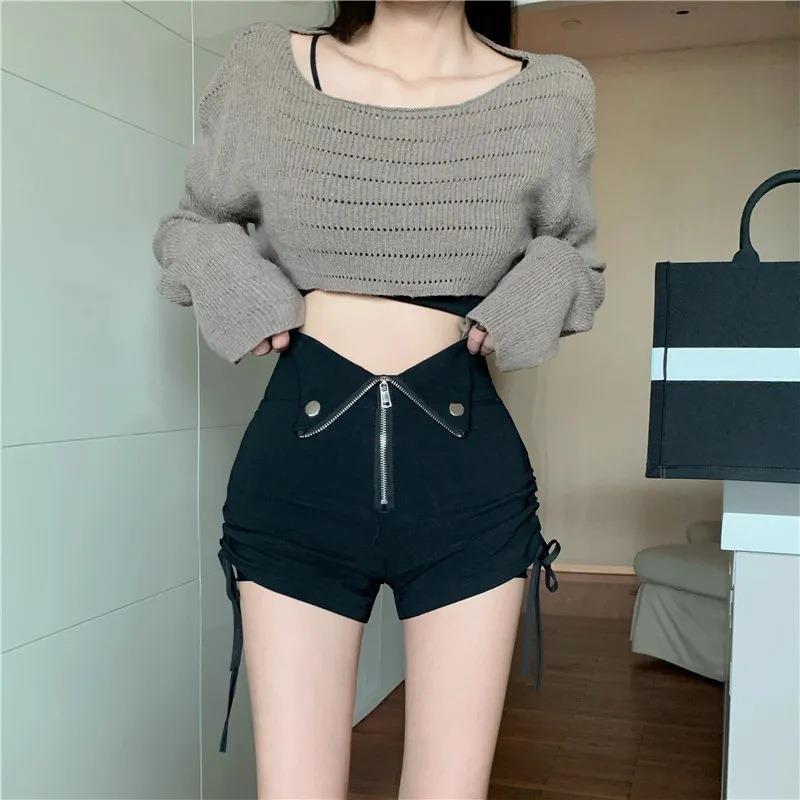 2023 Summer Large Size Chubby Girl Black Wide-legging Pants Women's High Waist Outer Wearing Drawstring Shorts Zipper A- line Casual Hot Pants