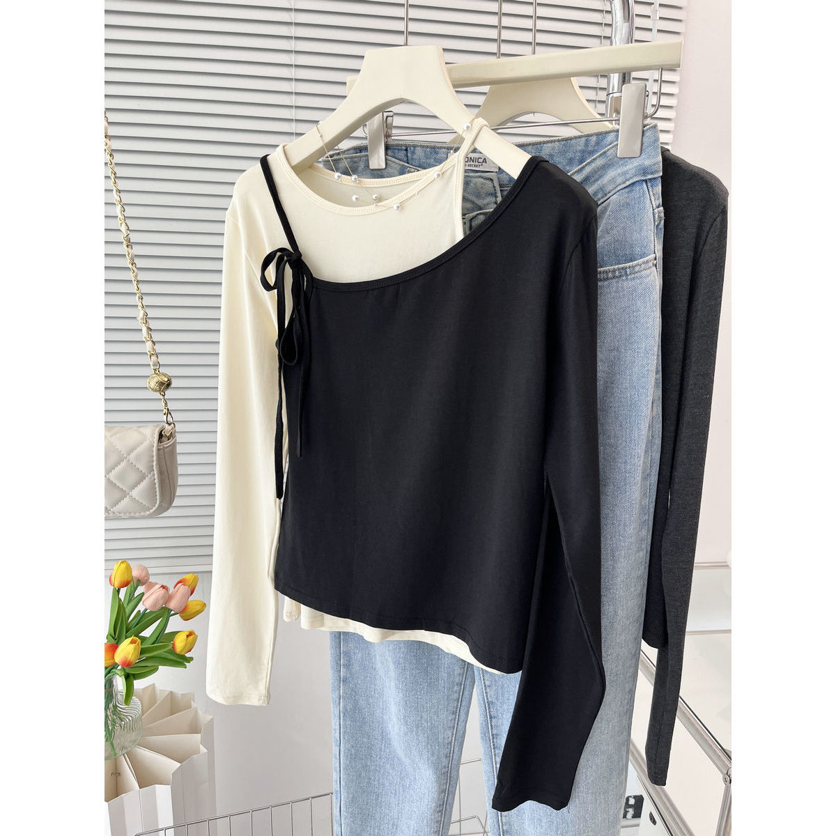 Chic Korean Style Wear Two-Piece Long-Sleeved T-Shirt Women's Early Spring Contrast Color Inner Base Western Style Chic Unique Top