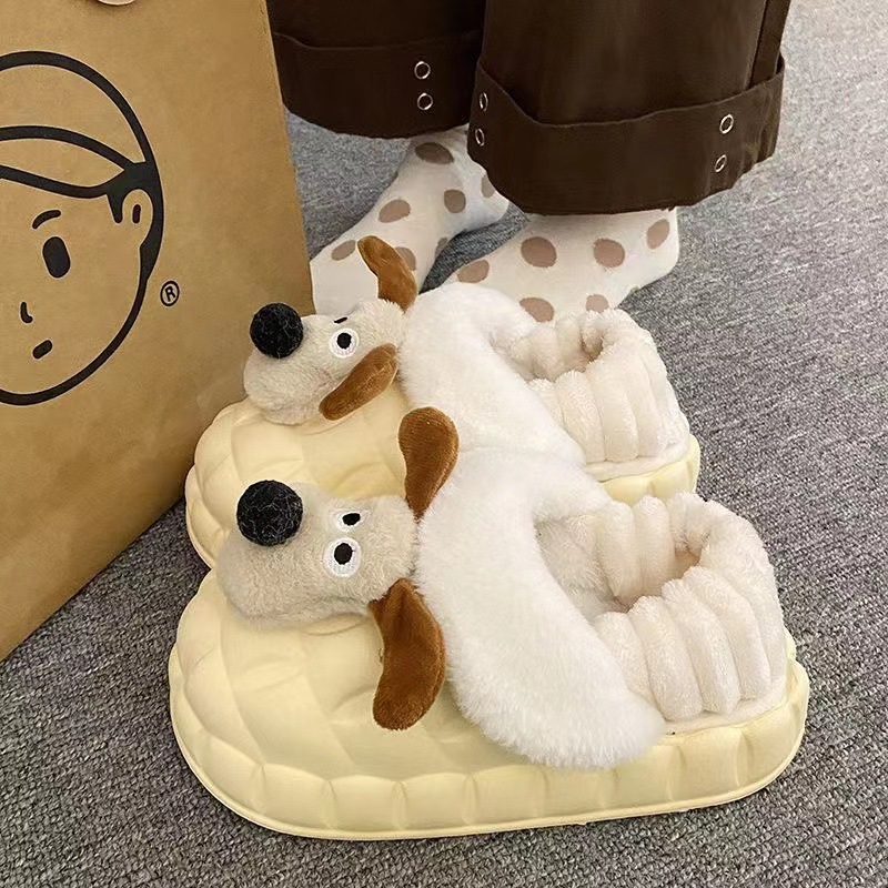 Cartoon puppy waterproof bag with cotton slippers women's outdoor wear home indoor non-slip thick-soled Mao Mao warm cute cotton shoes