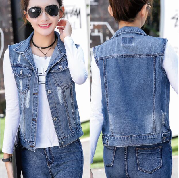 Foreign trade cross-border real shot main push hole denim coat sleeveless jacket short vest large size vest Vest Women