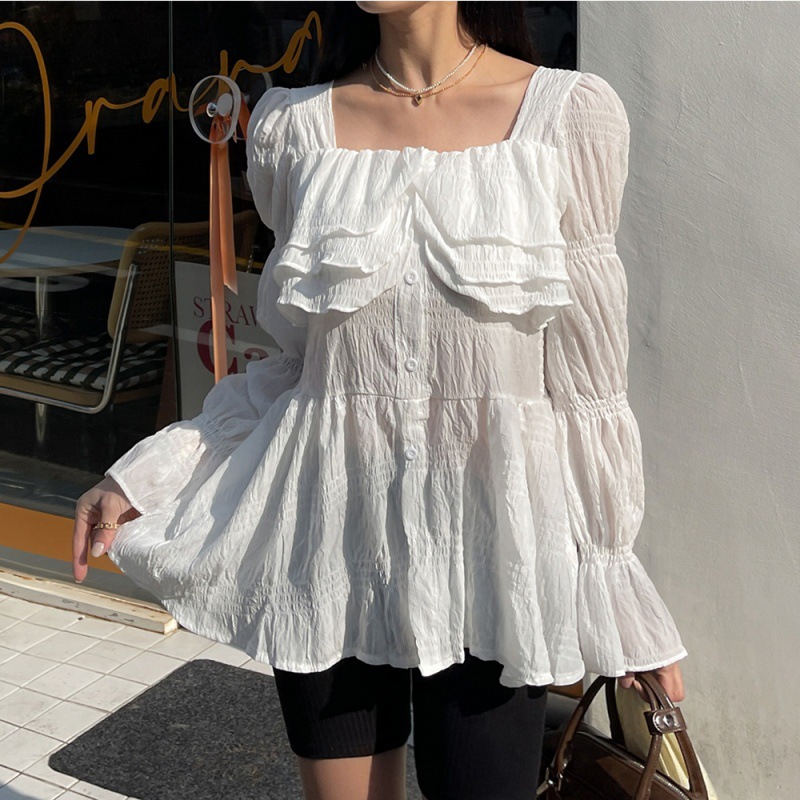 Fairy Fluttering Ruffled Square Collar Trumpet Sleeve Design Sense Mid-length Chiffon Long Sleeve Shirt Sunscreen Shirt for Women