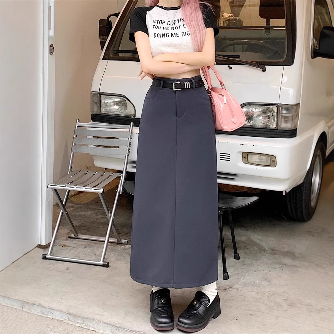 Design sense slit suit skirt women's summer plus size fat mm Korean high waist slimming A-line one-step skirt long skirt
