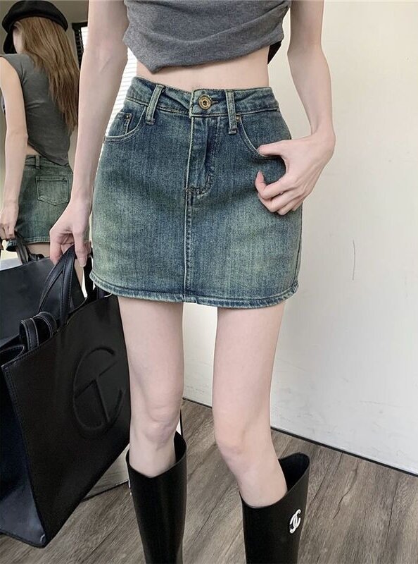 American Style Retro Denim Skirt Women's Summer Slim Look Sexy Hot Girl Tight Hip Skirt Short High Waist Skirt