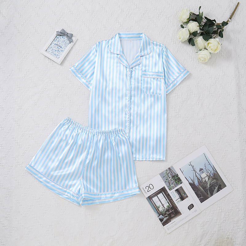 Cross-border trade Europe and the United States wind sheni explosions striped women's pajamas silk short sleeve cardigan shorts summer 2 suit
