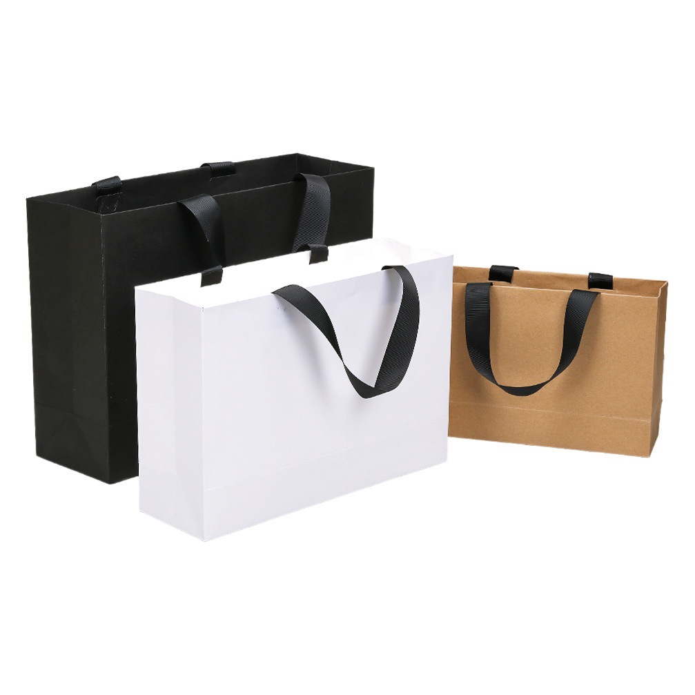 in stock Clothing Kraft Paper Bag Handbag Gift Paper Bag Gift Packaging Solid Color Ribbon Handler Thickened Shopping