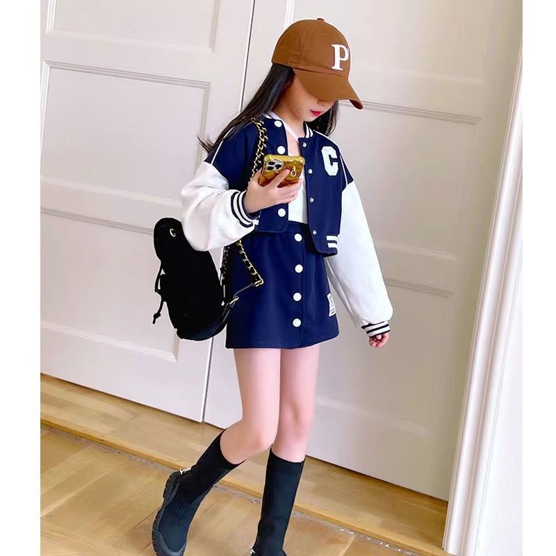 Picture of Girls Korean Spring and Autumn Suit 2024 Autumn Fashionable New Button Baseball Uniform Short Skirt Two-Piece Set for Big Children