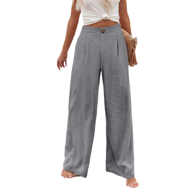Picture of 2025 Cross-Border Amazon European and American Summer Plaid High Waist Trousers Button Elastic Waist Wide Leg Pants Women's Casual Straight-Leg Pants