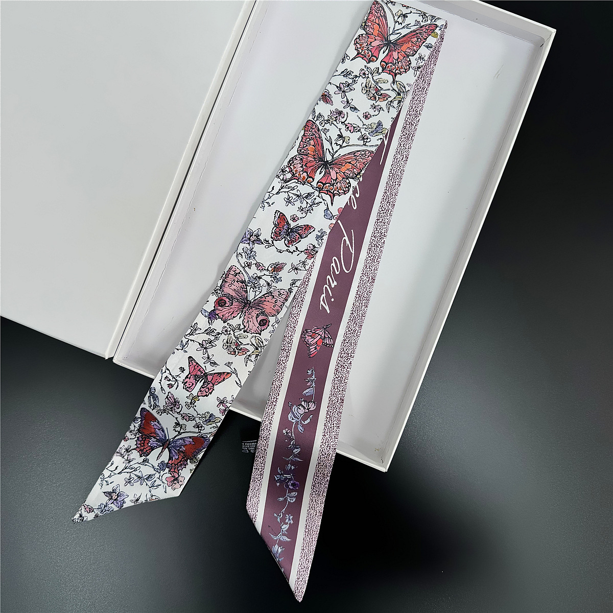 Picture of 2025 Butterfly Ribbon Imitation Silk Twill Thick Hairband Long Small Silk Scarf Women's Bag Butterfly Ribbon Silk Scarf