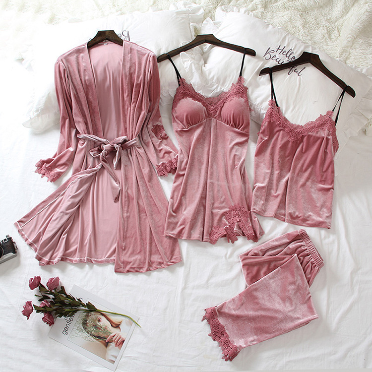 Pajamas for Women 2025 Spring New Gold Velvet Four-Piece Set Sexy Long-Sleeved Korean Velvet Nightgown with Chest Pad Home Clothes