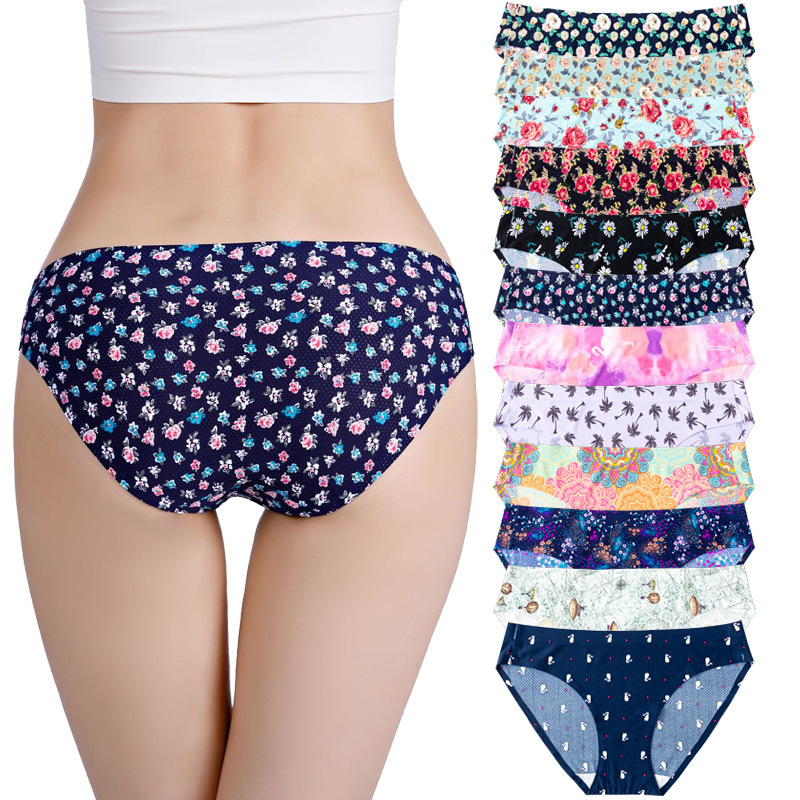 Cross-border Greek Amazon solid color printed breathable ice silk seamless underwear waist hip bikini briefs