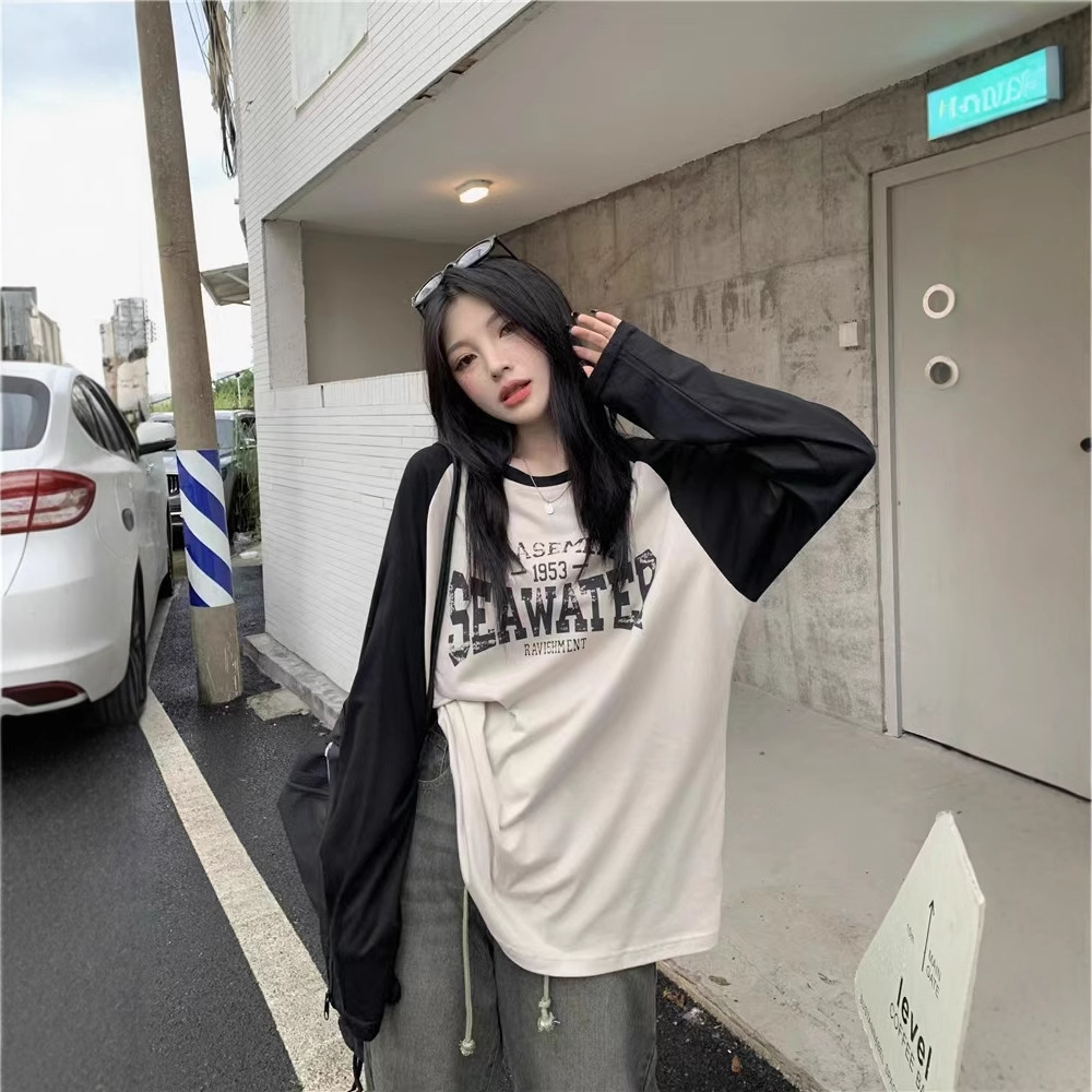 Long-sleeved T-shirt Women's Loose Korean Style 2024 New Arrival Raglan Sleeve Stitching Versatile plus size Mid-length Base Shirt Top