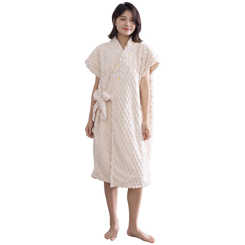 Picture of Wearable wrap bath towel female cloud jacquard cross strap bathrobe coral fleece absorbent adult bath skirt embroidery