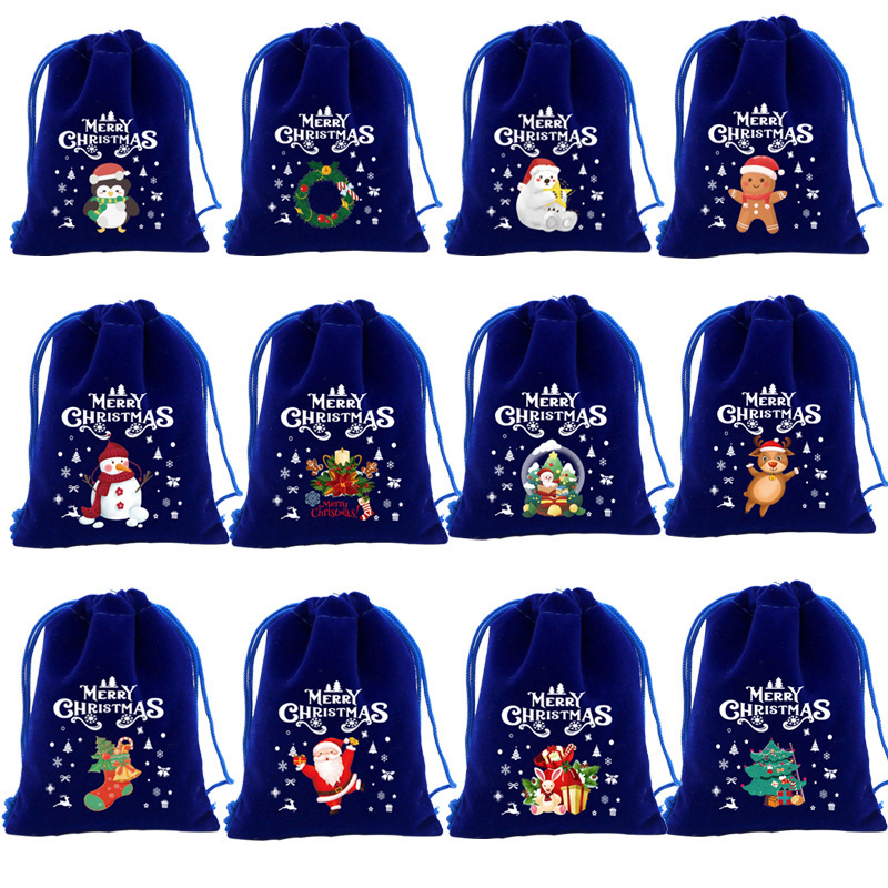 Cross-border wholesale sapphire blue bunted velvet bag Christmas candy gift packaging bag Christmas Eve apple bag drawstring bag