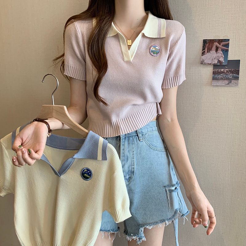 2025 French Summer New Style Polo Lapel Knitted Shirt Short-Sleeved T-Shirt Women's Short Thin Top