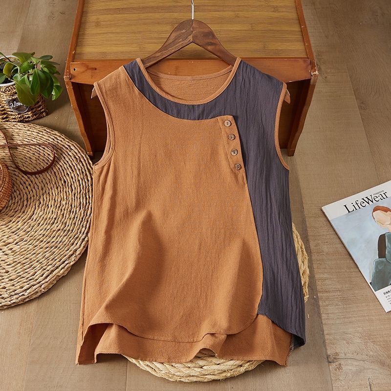 Designed Splicing Contrasting Color Cotton and Linen Comfortable and Cool Camisole Summer New Sleeveless Top Plus Size Women's Fashion