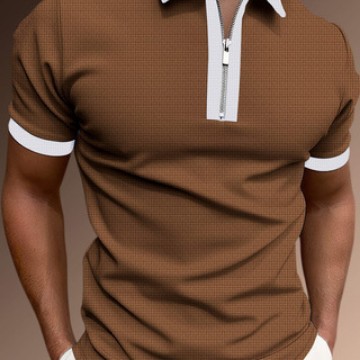 Cross-border new Amazon men's summer color matching short sleeve sports casual lapel T-shirt half zipper polo
