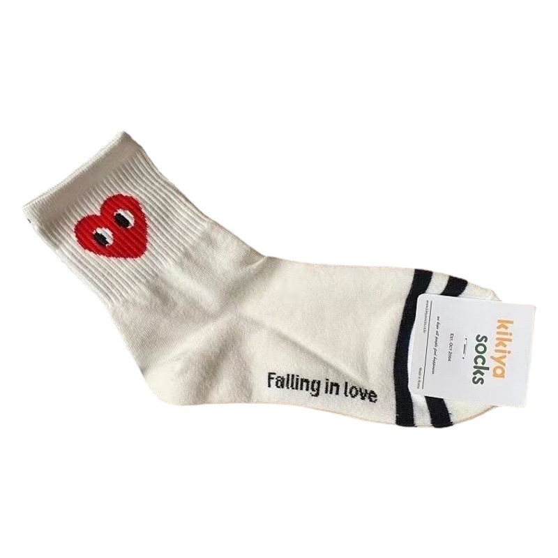Socks Women's Korean-style Black and White Striped Wave Dot Solid Color Love Trendy Middle Casual Cotton Socks Japanese Style Personalized Sports Socks