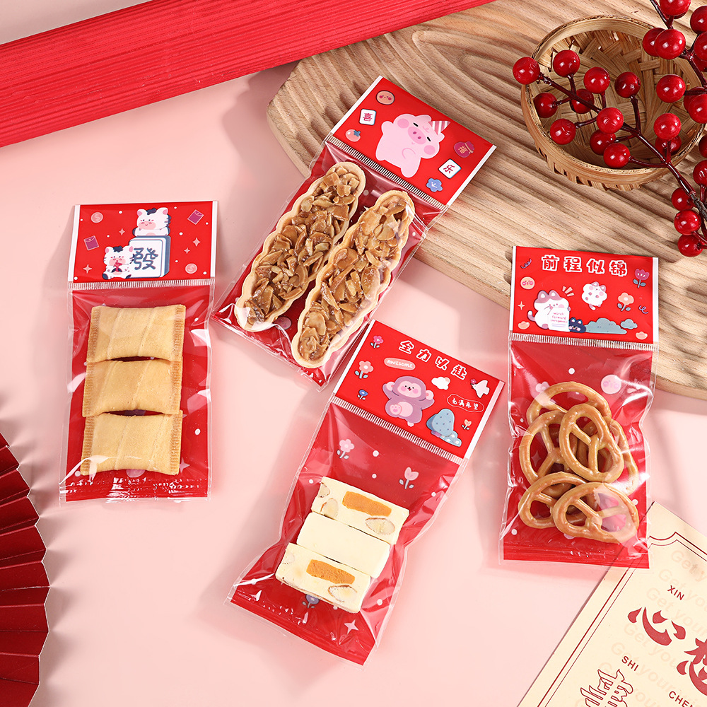 New Year Glutinous Rice Boat Card Head Baking Nut Machine Bag-sealed Snowflake Crisp Disposable Transparent Red Individual Small Bag