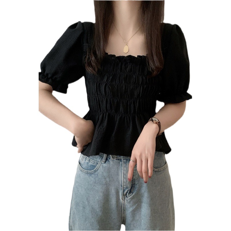French style puff sleeve square collar shirt Women's pleated design chiffon shirt summer waist slimming belly covering top clothes