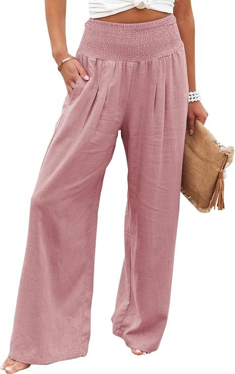 Picture of 2025 Amazon Women's Linen Pants High Waist Trousers Wide Leg Flowing Pants Beach Vacation Wear Casual Wear