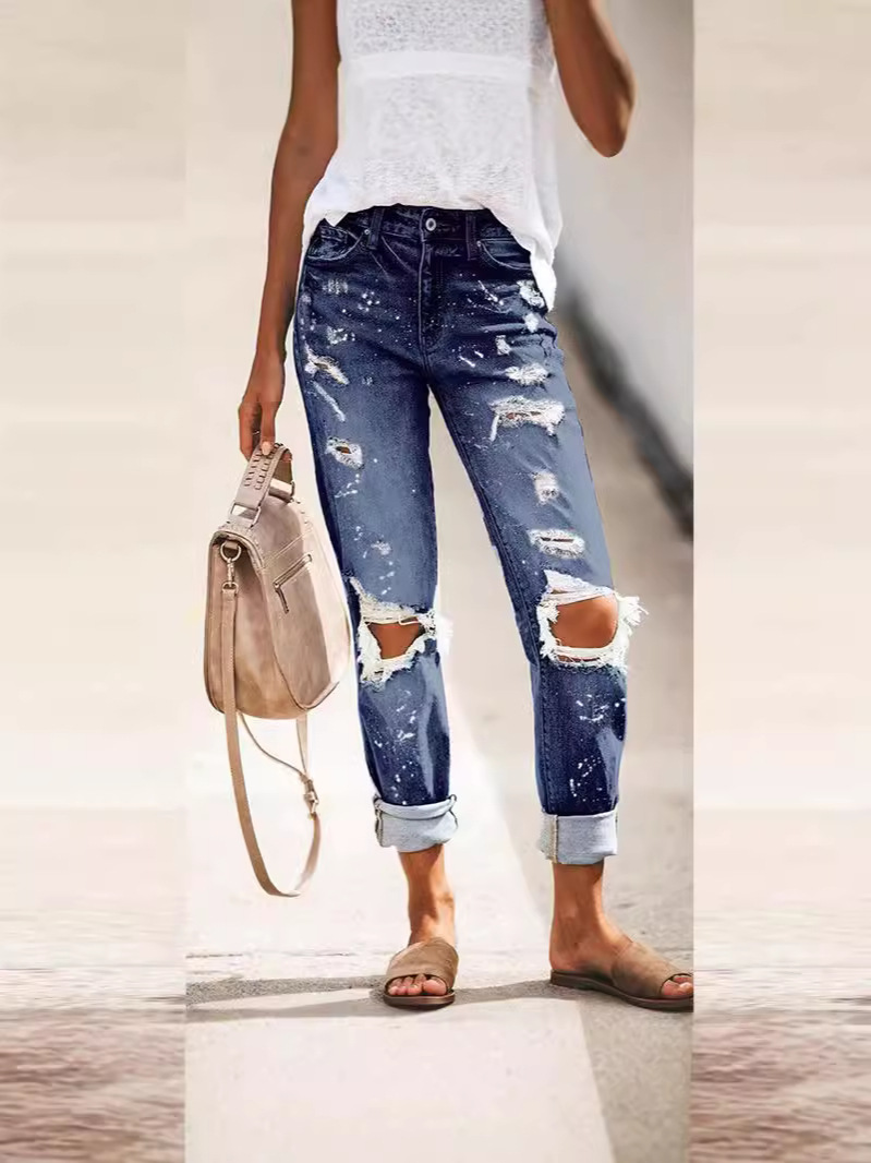 Cross-Border Direct Sales American Straight-Leg Women's Jeans High-Waist Slim 2024 New European Export Ripped Jeans