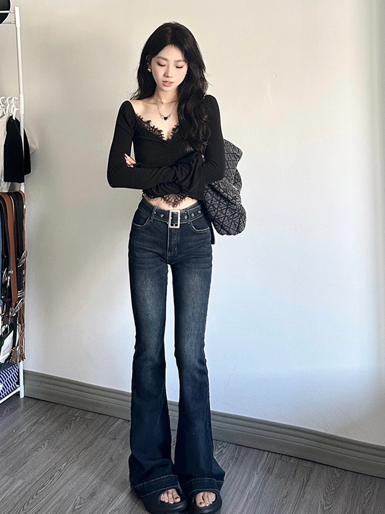 American Spice Girls dark blue Micro-La Jeans Women's Autumn 2024 New Mid-Waist Slim-Fit Slimming Stretch Long Pants