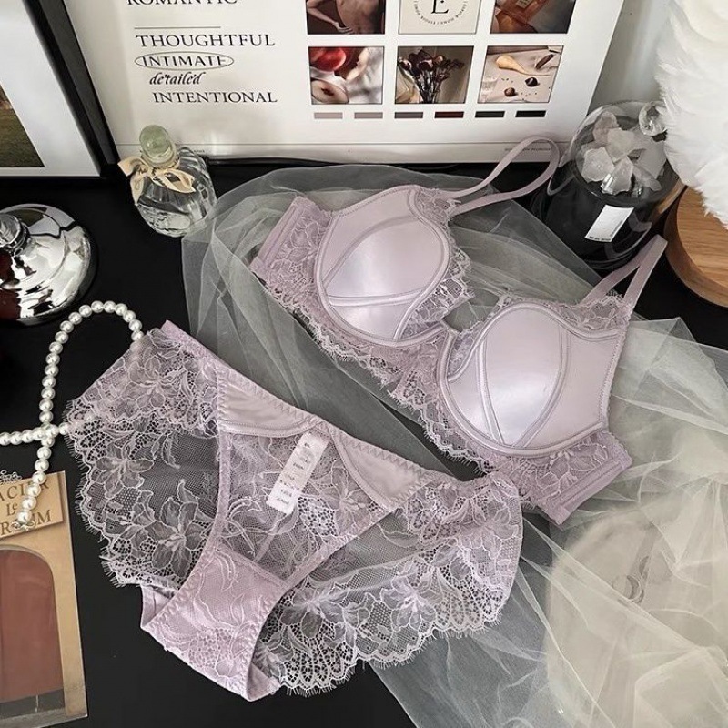 French Satin Lace Sexy Steel Ring Thin Underwear suit Push-up Bra Upper Collapsed Side Breast Anti-sagging Sweet and Spicy