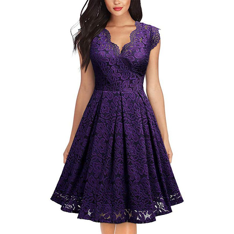 Russian Beauty Lace Dress Russian Elegant Women's Lace V Neck A-Line Skirt Cocktail Skirt