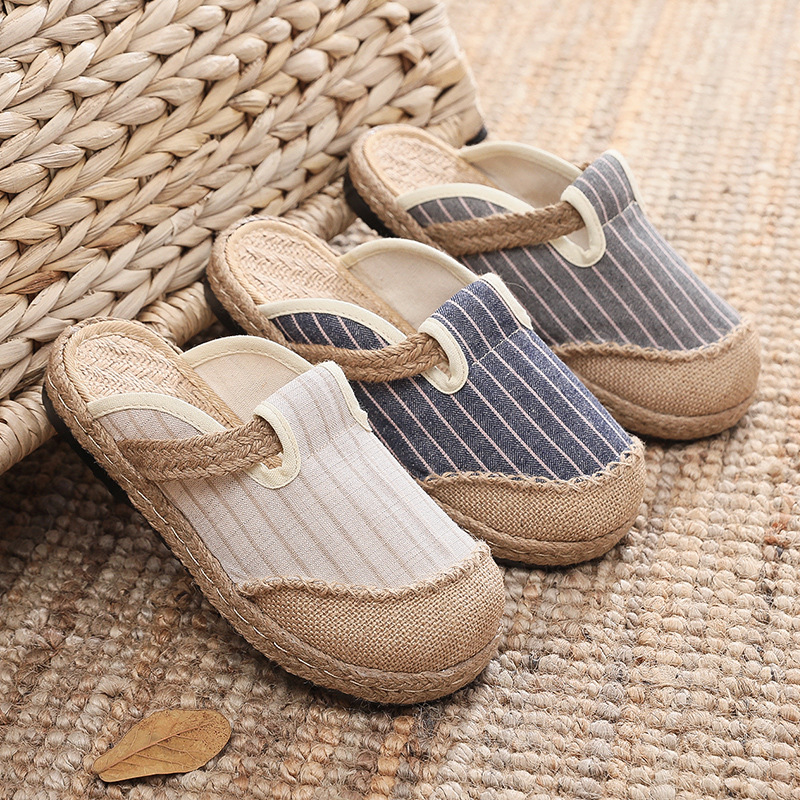 Picture of 2025 new vertical strip home cotton and linen embroidered shoes women's non-slip tpr soft bottom slippers handmade big toe shoes