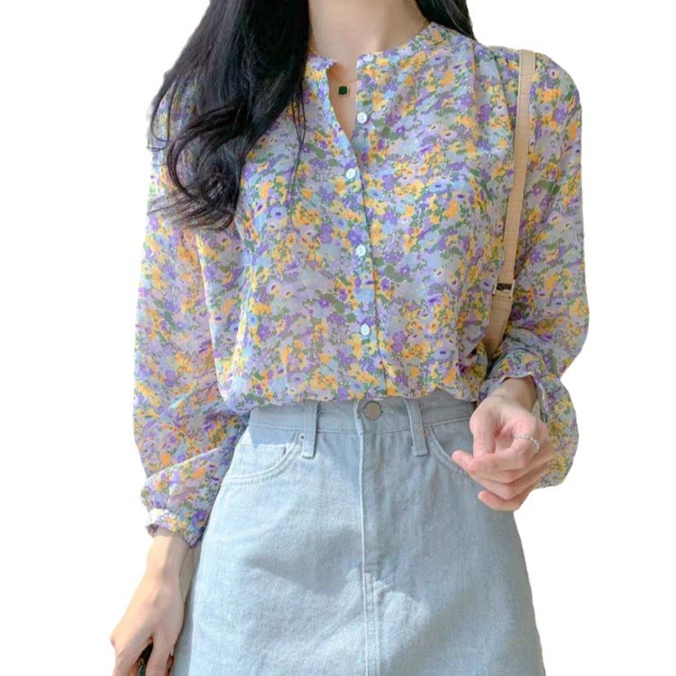 Picture of Floral Chiffon Shirt Women's Super Fairy Spring and Summer New Design Sense Long Sleeve Round Neck Printed Stylish Top Sweet Small Shirt