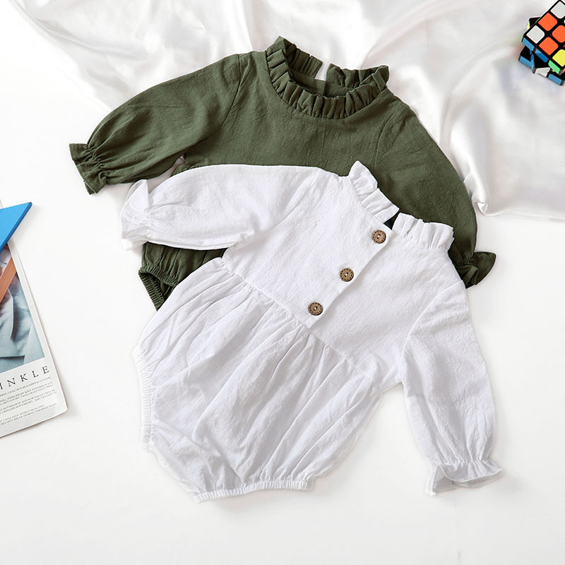 Picture of Cross-border New Long-sleeved Cotton and Linen Newborn Hatshirt Solid Color Flying Sleeve Lace Collar Baby Jumpsuit Children's Hatshirt