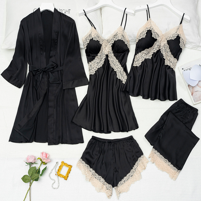 Spring and Summer Women's Pajamas, Ice Silk Thin Five-Piece Set, Sexy Camisole Nightdress, Large Size Loose Nightgown with Chest Pad, Loungewear