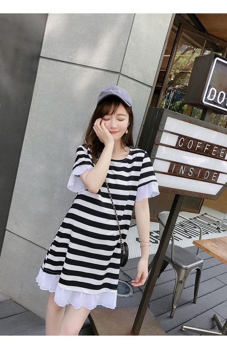 Picture of Pregnant women's T-shirt summer mid-length loose striped short sleeve dress pregnant slimming A- line skirt plus size pregnant women's skirt summer
