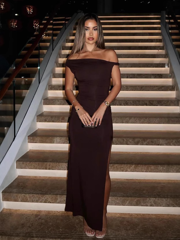 AYJ25L237 Europe and the United States cross-border sexy slant shoulder split dress 2025 new sleeveless slim solid color dress