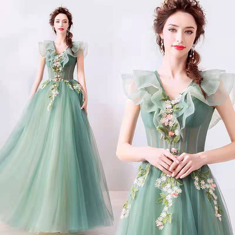 Foreign trade beaded embroidered evening dress Queen 21 new slim-fit leaky V-neck flowing beads stand flower long host catwalk dress