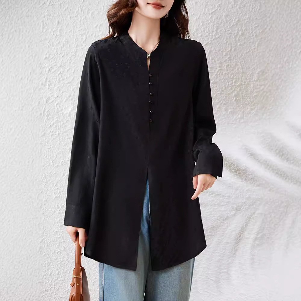 Real Shot in Stock: New Chinese-Style Black Shirt for Women, Early Autumn/Spring 2025 New Model, Long-Sleeved Loose Top, Plus Size, Sun Protection Outerwear