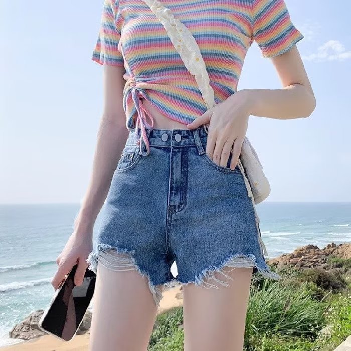 Summer New Arrival Wide Leg Denim Shorts Women's Korean-style High Waist Ins Loose plus size Ripped Slim Look Outer Wearing A- shaped Hot Pants