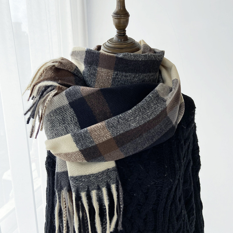 Plaid Scarf Women's Autumn and Winter New Korean-style High-end Sense Long Student Couple's Warm Thickened Tassel Shawl for Students