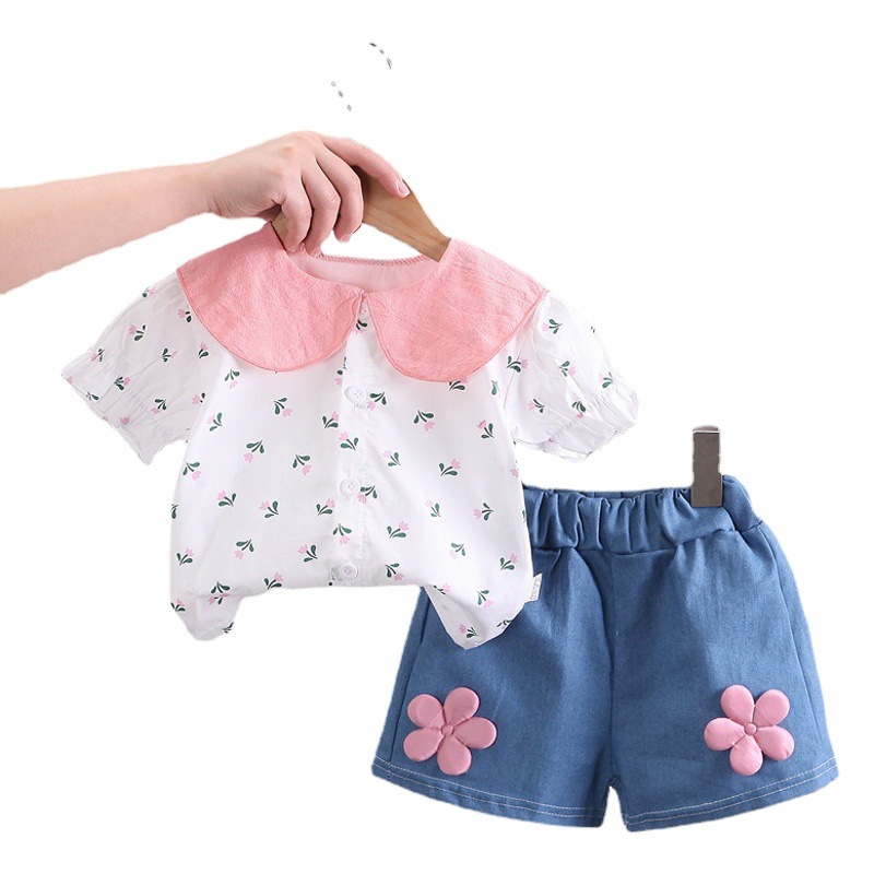 Girls 1-5 years old casual sports shorts summer Korean version of little girls cute doll collar short sleeve suit wholesale cute