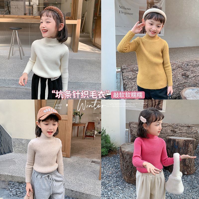 [in stock] girls' bottoming sweater autumn and winter 2025 new little girl foreign style half high collar solid color children warm