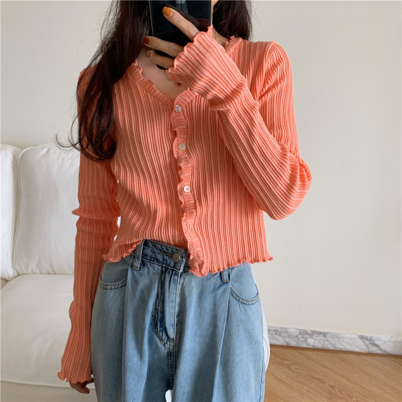 Picture of New Korean-style short bm thin top long-sleeved sweater women's purple V-neck slim-fit sunscreen cardigan Ice Silk