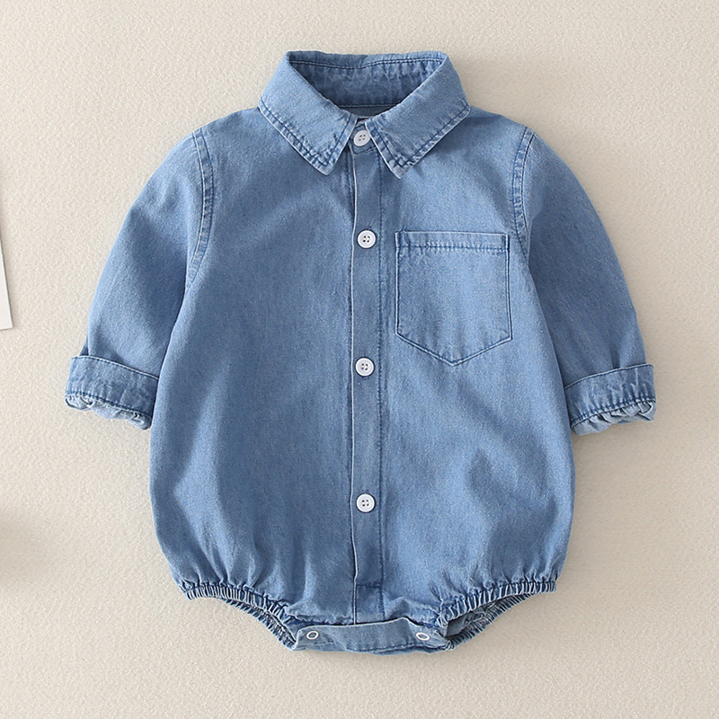 Picture of Baby jumpsuit spring and autumn dress baby girl denim shirt outer wear triangle climbing suit 5 princess 6 ha clothes 3 months 9