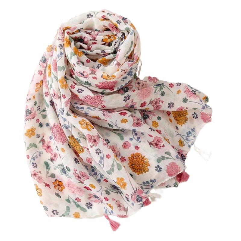 Scarf 2021 New Spring and Summer Thin Bali Yarn Scarf Foreign Trade Single Small Flower Contrast Color Sun Protection Tassel Beach Towel Women