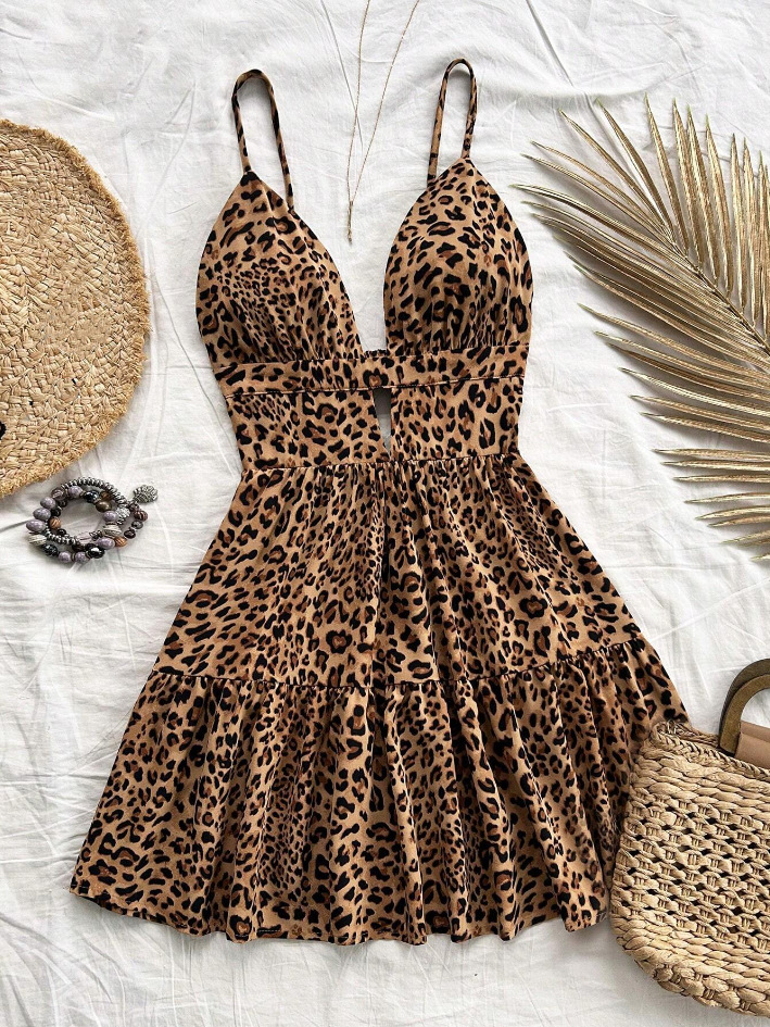 2025 Cross-border European and American Women's Sexy Low-cut Deep V Sling Leopard-print dress Backless
