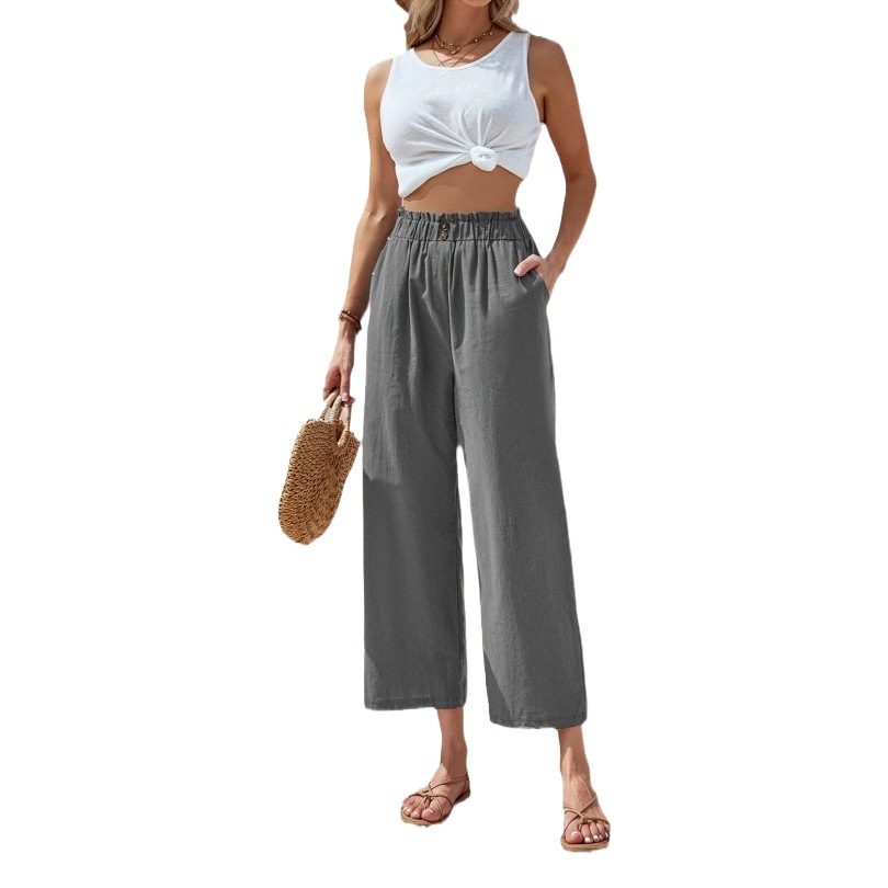 2023 Amazon New European and American Cross-Border Women's Pants High Waist Lotus Leaf Elastic Waist Simple Cotton and Linen Nine-Point Pants Casual Pants