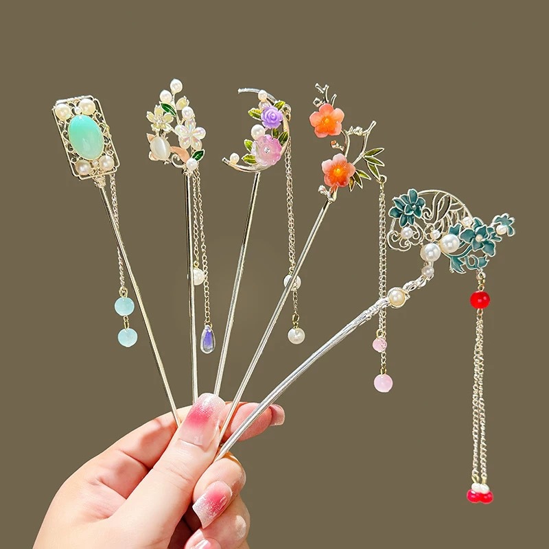 Antique Flower Metal Tassel Hairpin Women's Peach Blossom Disc Hair Hairpin High-grade Hanfu Exquisite Step-by-step Hair Hairpin Headwear